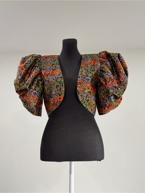 Vtg BB Collections Metallic Brocade Bolero Jacket Sz 4 Puff Sleeve Crop.